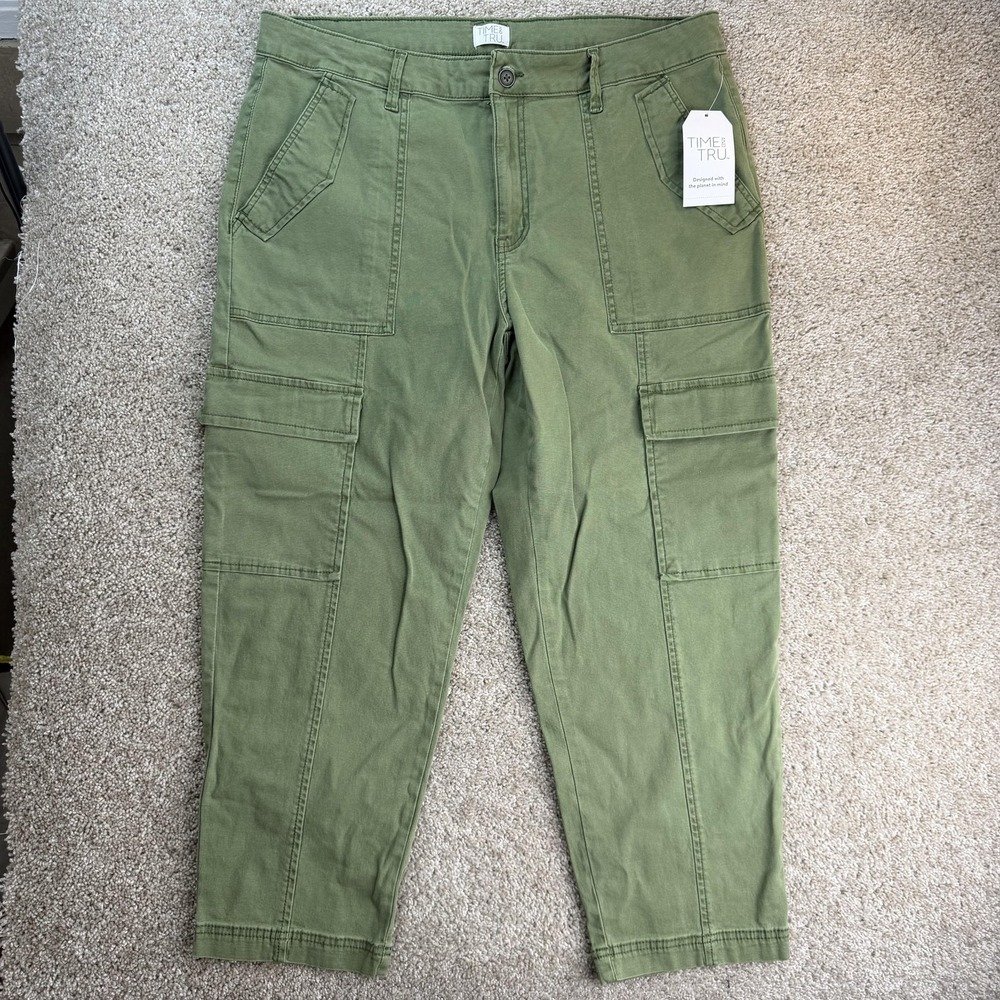 Time And Tru Cargo Pants Womens 18 Green Twill Tapered Stretch Pockets Casual